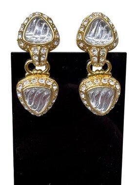 Nolan Miller Stunning Vintage Gold Crystal Clip on Earrings Glass Drop Runway